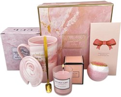 Keramische mok geschenkset met badzout en geurkaars - 350 ml - Roze
