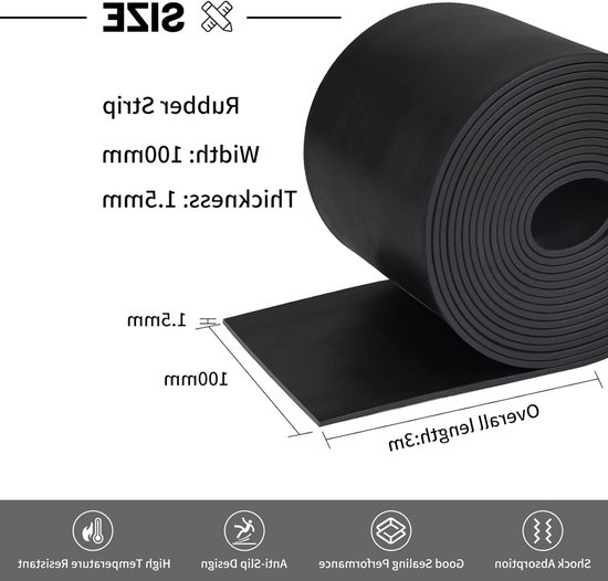 Rubber Strip en Neoprene Rubber Mat 100mm x 1.5mm x 3m - Duurzaam Rubberprofiel voor Onderlagen, Afsluitingen en Isolatie — afbeelding 3
