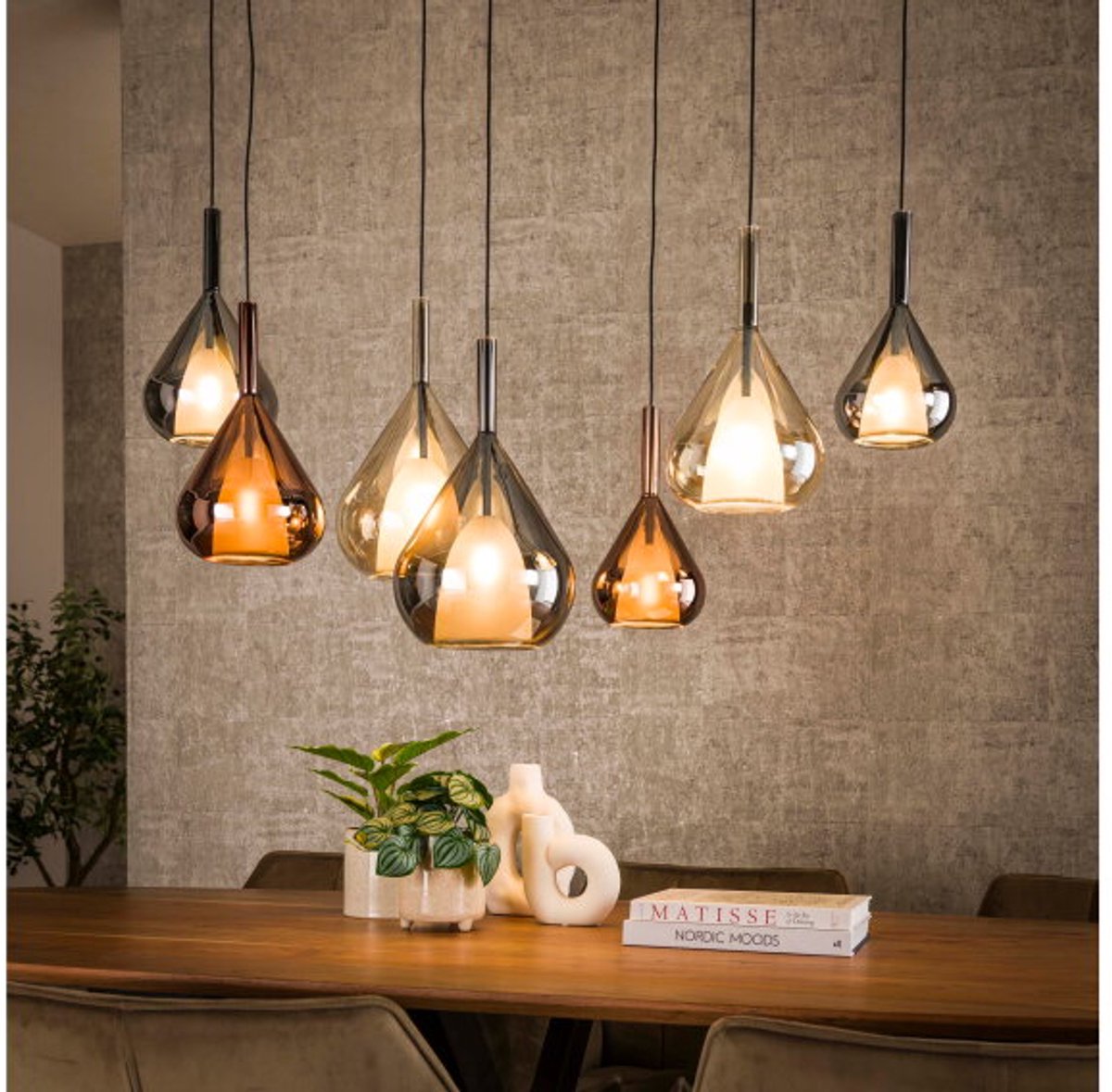 Hanglamp Wings 7 lampen Mix Glass Zwart - Metaal en Glas - Verstelbaar tot 150 cm - Modern Design - Woonkamer/Eettafel