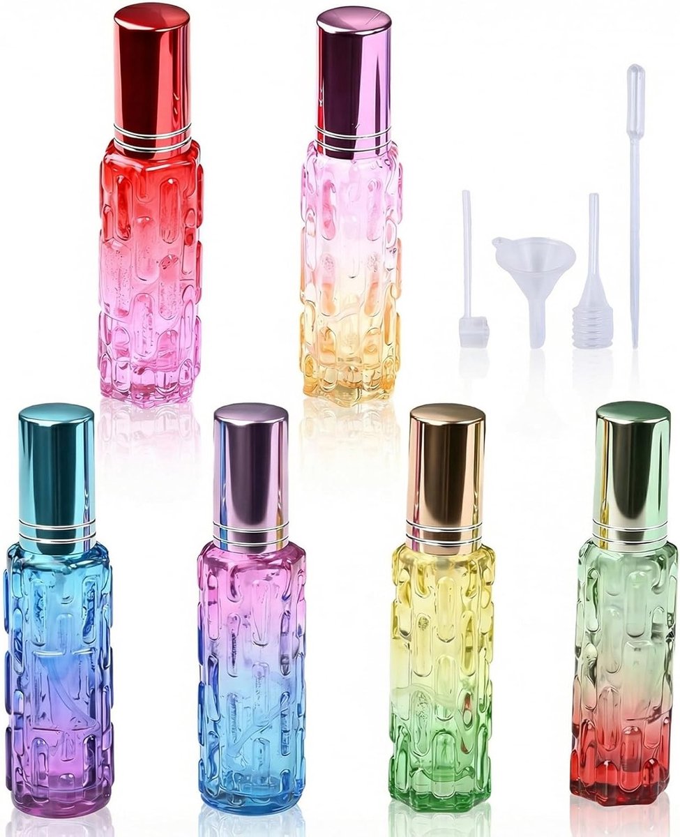 Set van 6 Reisinhalers voor Parfum, Glazen Mini Sprayflessen, Lekvrije Verstuiver, Fijne Nevel, 10 ml, Perfect voor Op Reis en in de Handtas
