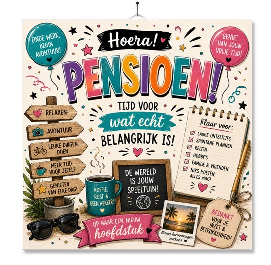 Tegel Met Opdruk | Hoera Pensioen | Cadeau | Inclusief Geschenkdoos | Standaard | Ophangsysteem