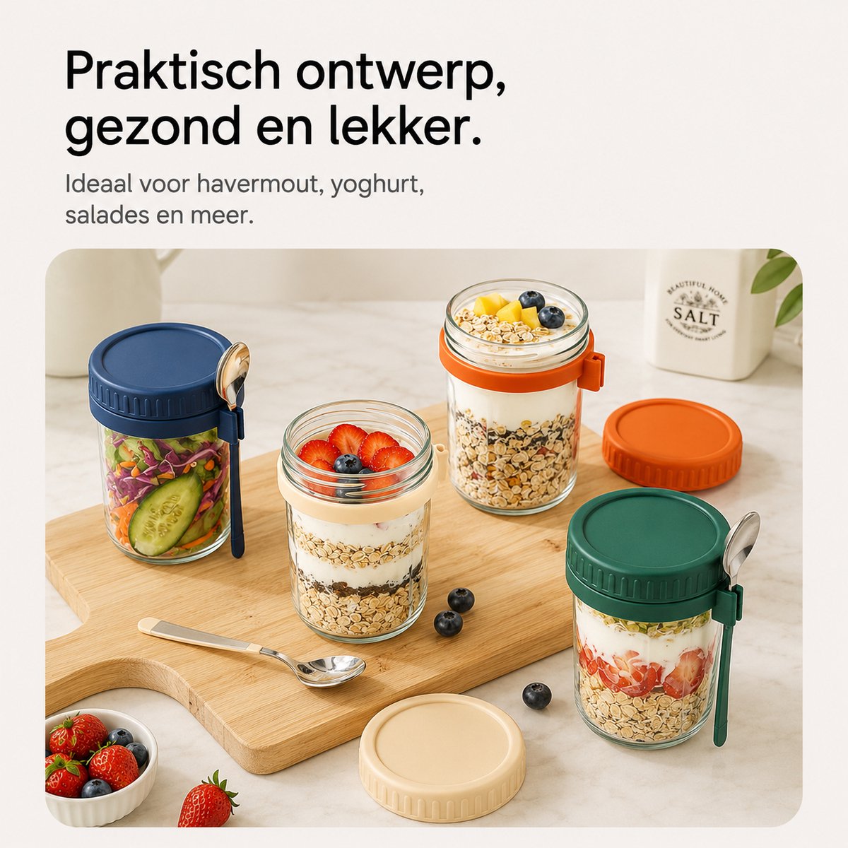 BOTC Overnight Oats Potjes - Voorraadpotten - Set van 4 met Lepels - 4x475ml Mason Jar - Glazen Potjes met deksels - Mason Jar - Lekvrij ontwerp — cadeau in Kookcadeaus - foto 8