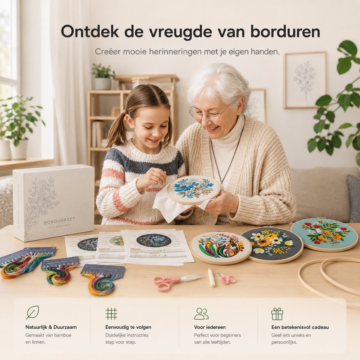 BOTC Borduurpakket Bloemen - Borduurset van 4 - Borduurpakketten voor Volwassenen - Hobby en Creatief - Borduren — afbeelding 4
