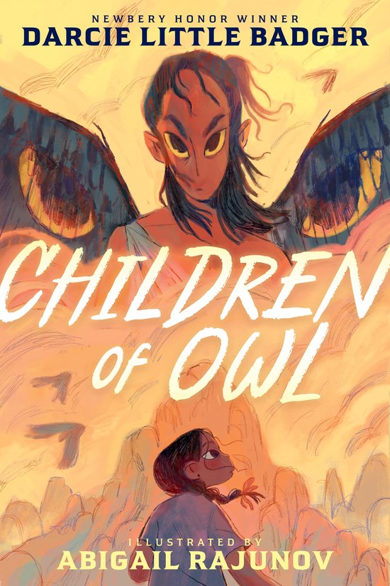 Boekomslag 'Children of Owl' met een weergave van twee meisjes, een met vleugels en een met een vlecht, tegen een zonsondergang.
