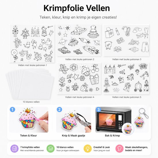 BOTC Kit Krimpie Dinkie 60 pièces – Kit d'artisanat sous film rétractable – Comprend 10 papiers rétractables vierges et 5 papiers rétractables avec motif, perforatrice, porte-clés, crayons pour enfants.