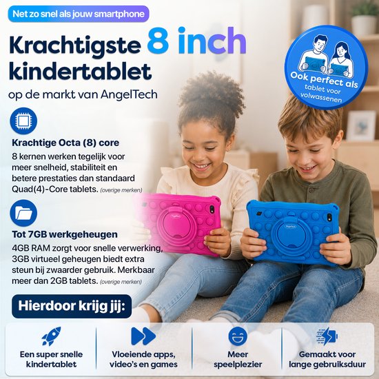 Tablette enfant AngelTech PRO MAX - Tablette enfant 8 pouces la plus rapide du marché - 4 Go de RAM - 64 + 64 Go de stockage - Perfect pour École - Contrôle parental - Aussi pour Adultes - Housse de protection Fidgy 360° - Rose ou Blauw
