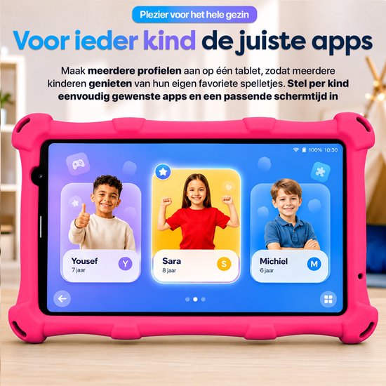 Tablette enfant AngelTech PRO MAX - Tablette enfant 8 pouces la plus rapide du marché - 4 Go de RAM - 64 + 64 Go de stockage - Perfect pour École - Contrôle parental - Aussi pour Adultes - Housse de protection Fidgy 360° - Rose ou Blauw