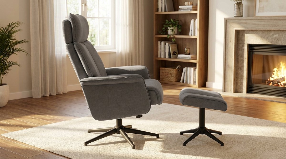Relaxfauteuil – House&Garden Helsinki Luxe Draaibare Relaxstoel Antraciet Micro Suede – Handmatig Verstelbare TV Stoel met Voetensteun en Hoofdsteun – 360° Draaifauteuil – Ergonomische Lounge Fauteuil – 73x86x114 cm