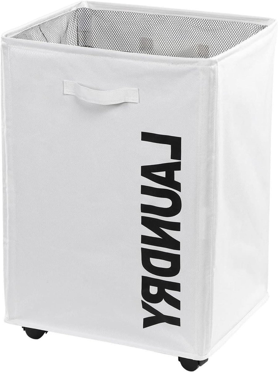 Wasmand met wielen Kledingmand opberger Was organiseren Versterkte metalen beugel 41x35x58cm Beige wit
