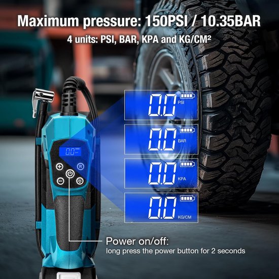 Draagbare Compressor met 4000mAh Accu en Oplader - Elektrische Luchtpumpe met LED-Verlichting - Digitale Manometer voor Auto's, Motoren, Fietsen, Ballen — afbeelding 3