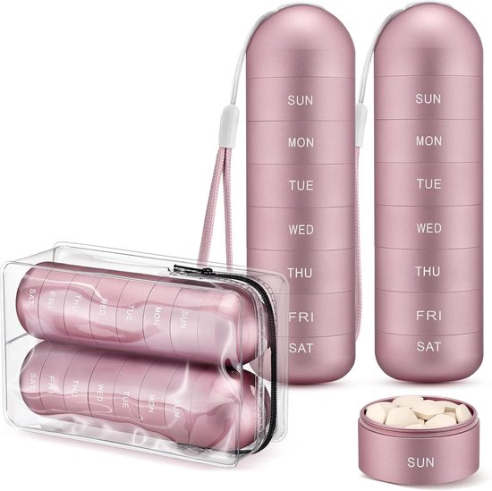 Piluliers – Boîte à médicaments pour 7 jours – [Lot de 2] – Pilulier de voyage en métal – Portable – Étanche – Grand modèle (alliage d'aluminium) – Sans BPA – Convient aux médicaments, compléments et vitamines – Rose