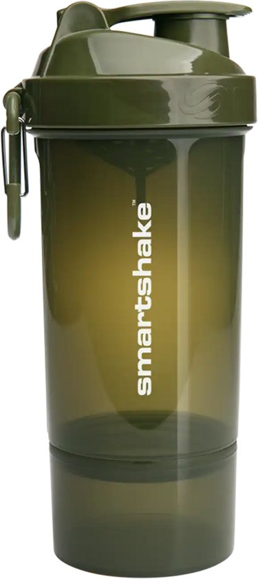 Groene SmartShake shaker met een gesloten deksel en clip.