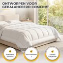 Wit dekbed op een groot bed bij een raam met zonlicht, 'Ontworpen voor gebalanceerd comfort'.
