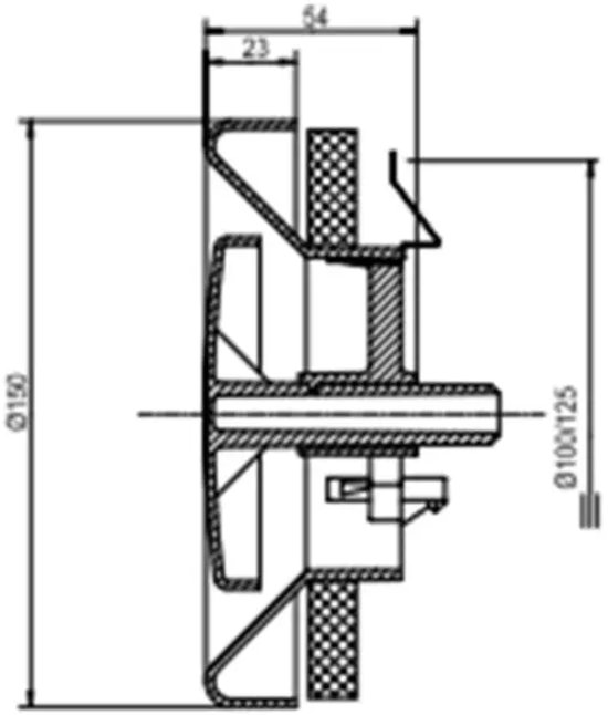 Technische tekening van een ronde ventilator met afmetingen: Ø150 mm en Ø100x125 mm.