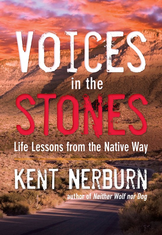 Boek 'Voices in the Stones' met de tekst 'Life Lessons from the Native Way' tegen een woestijnlandschap onder een zonsondergang.