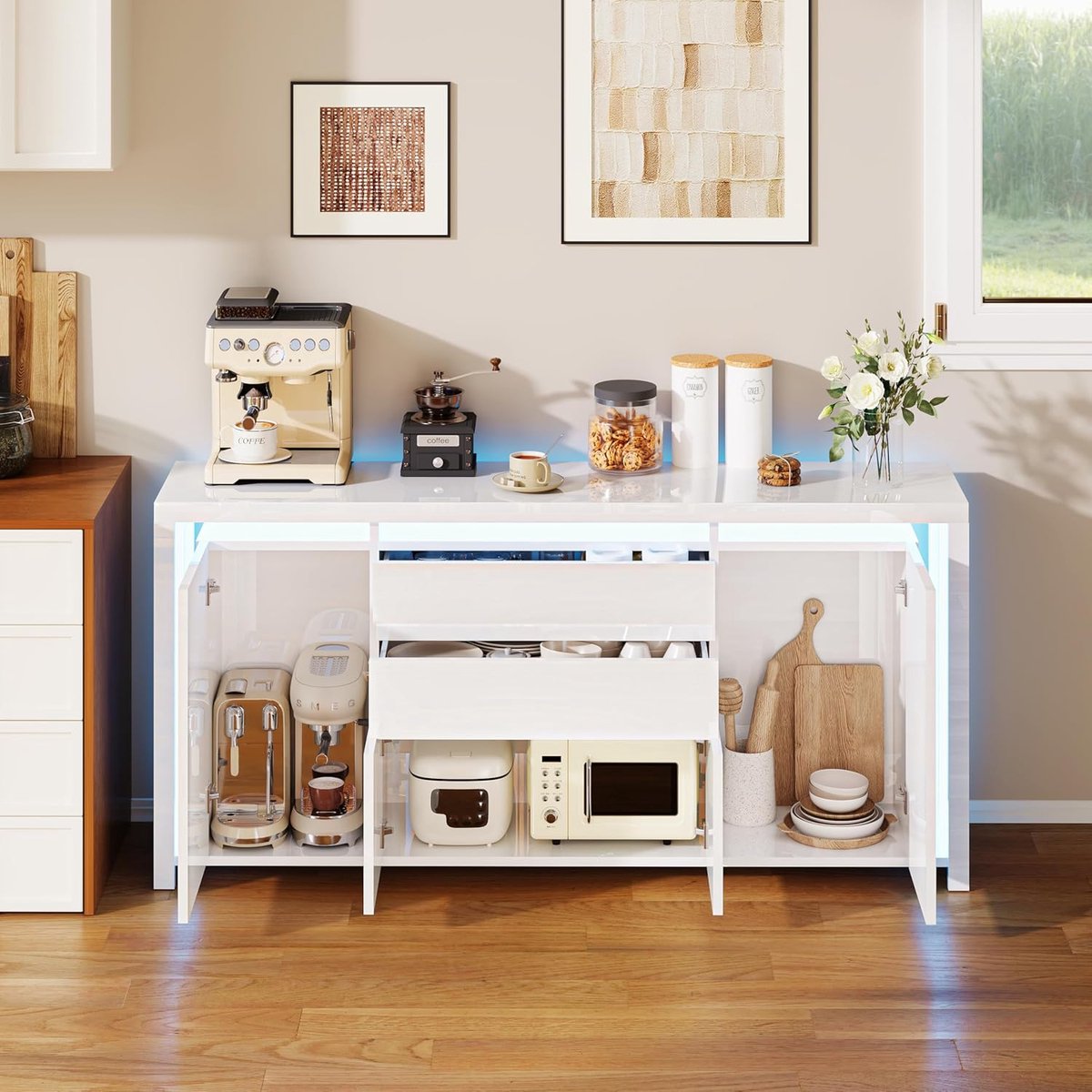 Luminexa Luxe LED Dressoir 160 cm Wit Hoogglans – Moderne Commode met 2 Lades & 4 Deuren voor Woonkamer, Hal, Slaapkamer en TV-Meubel
