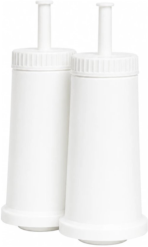 Twee witte waterfilters met een taps toelopende vorm en een dunne, witte steel aan de bovenkant.