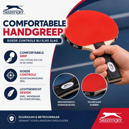 Close-up van een rood tafeltennisbatje met een comfortabele grip en een zwart handvat. Ergonomisch vormgegeven met duurzaam rubber.