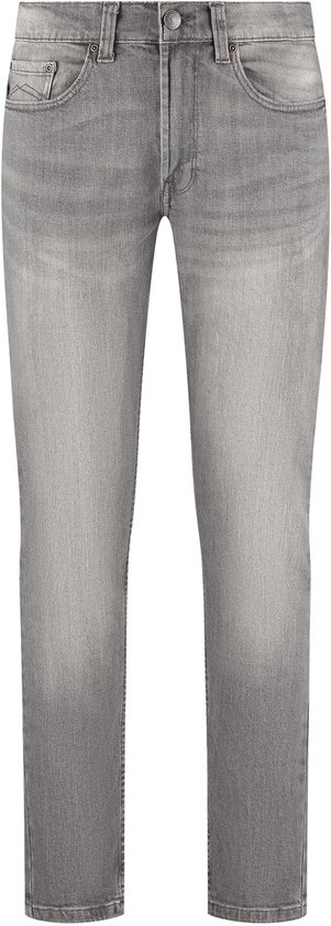Grijze slim-fit jeans met een moderne wassing, de broek is recht van voren gefotografeerd.