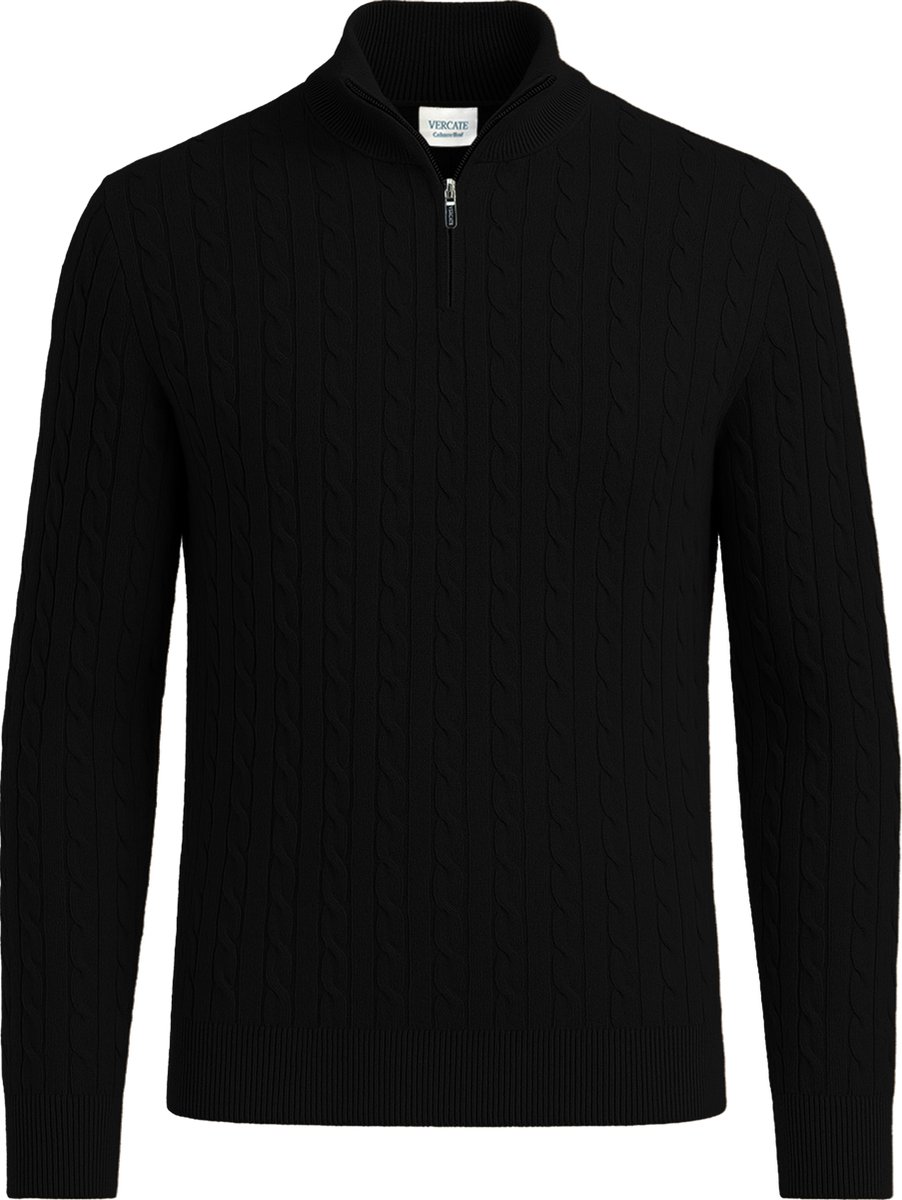 Vercate - Quarter Zip / Half Zip Trui - Cashmere / Kasjmier Blend - Kabeltrui / Pullover - Regular Fit - Zwart - Maat M