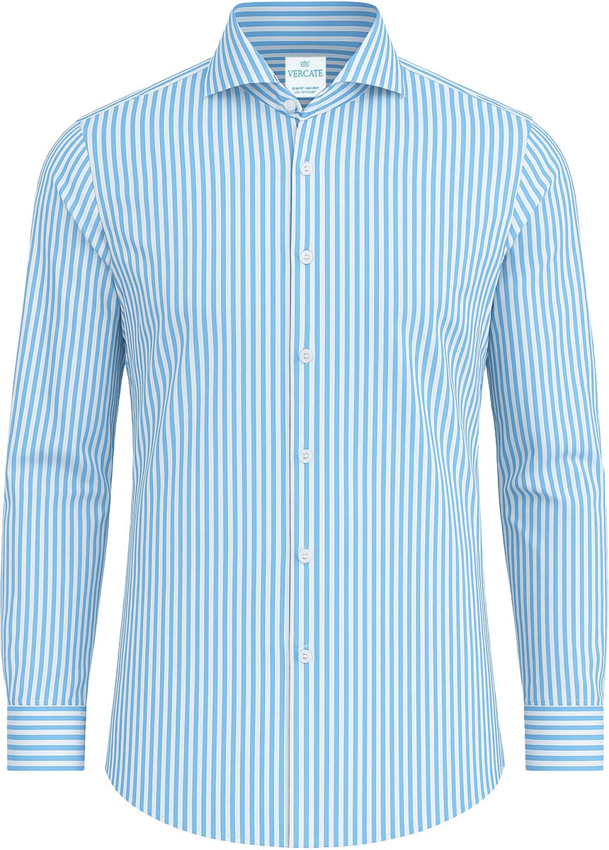 Vercate - Overhemd - Lichtblauw Gestreept - Cool Technology - Slim Fit - Lange Mouw - Poplin - Heren - Maat: 38/S