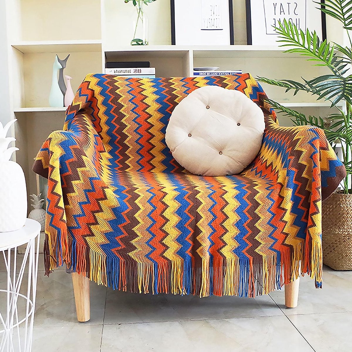 Gehaakte Plaid met Franje en Houndstooth Bohemian Ruitpatroon - Zachte Woven Dekens voor Bank en Stoel, Warm en Decoratief 170 x 130 cm