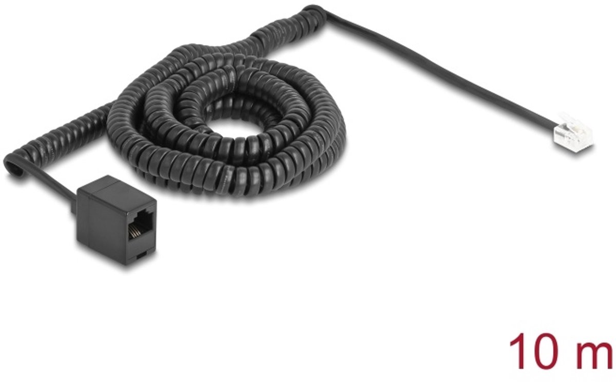 Delock Telephone Cable / Coiled Cable RJ11 plug to RJ45 jack black 10 m