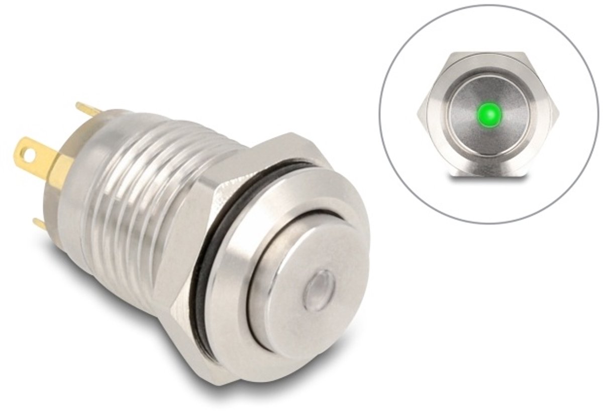 Delock Push Button for Installation 12 mm 4 x solder connection LED green dot