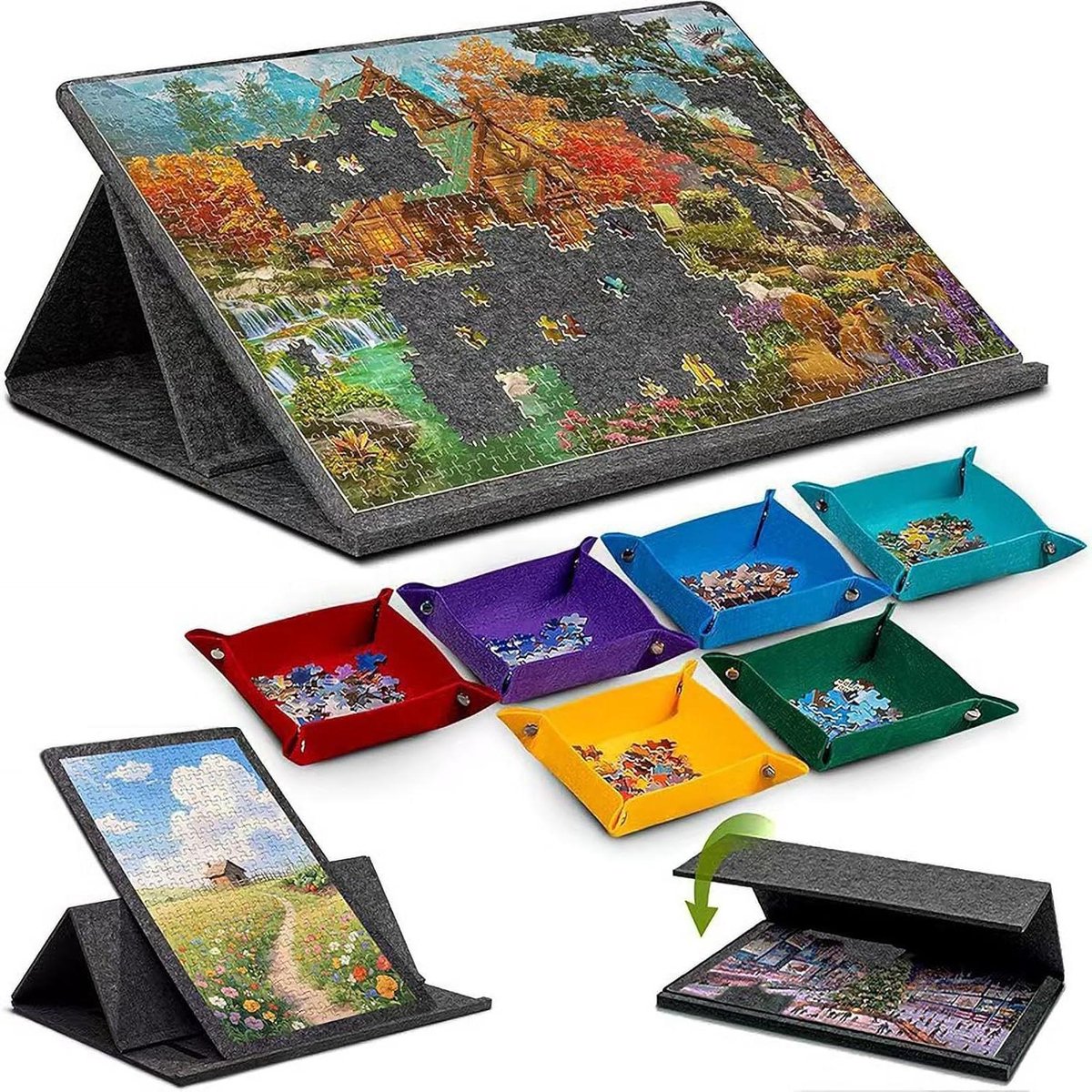 Kantelbaar Puzzelbord - Puzzeltafel Met Bakjes - Ontspannen Puzzelen - 3 Kantelbare Hoeken - Tot 1000 Stukjes - Donkergrijs