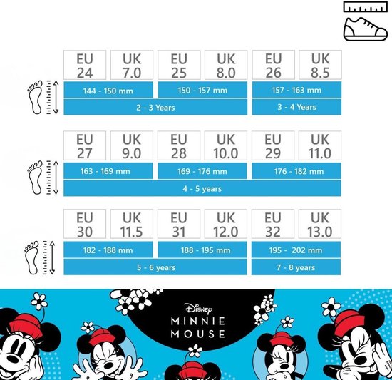 Maattabel voor kinderschoenen met maten van EU 24 tot EU 32.