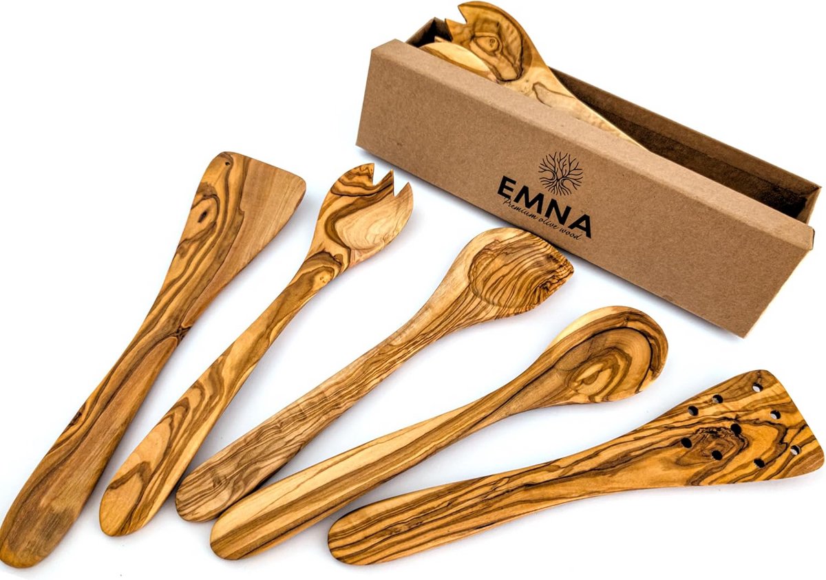 5-delige Olijfhouten Keukengerei Set - Houten Spatel, Lepel en Saladebestek in Geschenkdoos