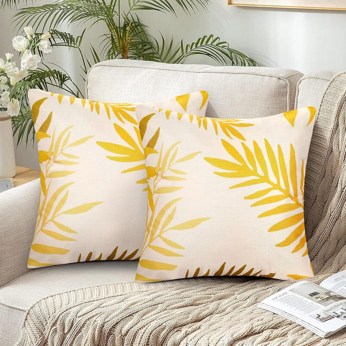 Kussensloop Set - Decoratieve Hoezen - Bank Woonkamer - Bladeren Patroon - 40x40 cm - Geel