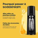 Zwarte Sodastream met glas bruiswater en informatie over plastic besparing.
