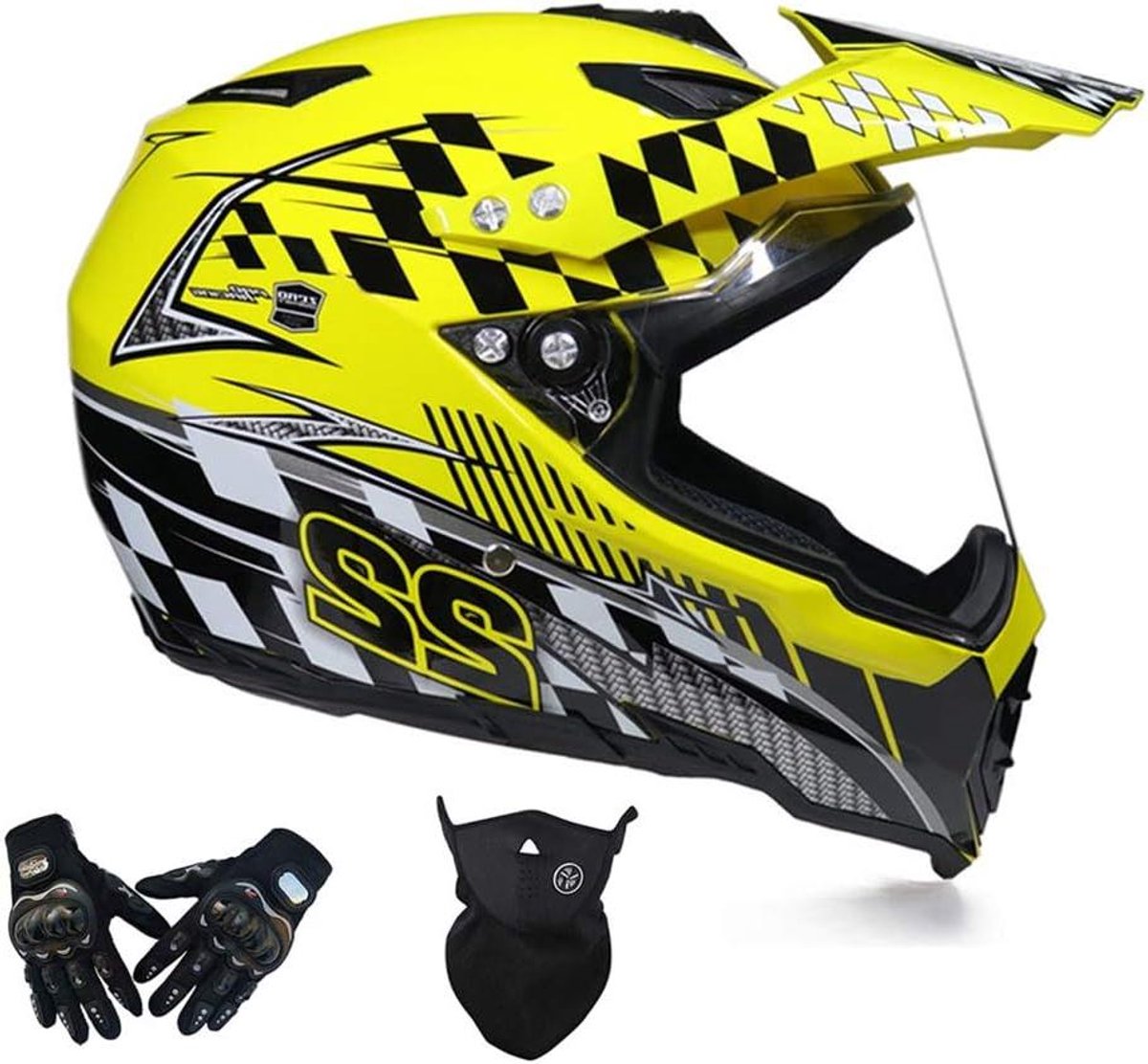 Motorcross Helm Set - Off Road Bescherming - Veilig Rijden - Verstelbaar Ventilatiesysteem - Maat S - Geel