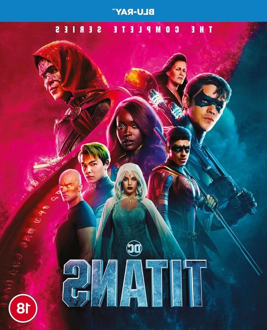 Blu-ray hoes van Titans: The Complete Series met een donkere, dramatische cover. Verschillende personages van de serie staan centraal, met een gloeiende energie op de achtergrond.