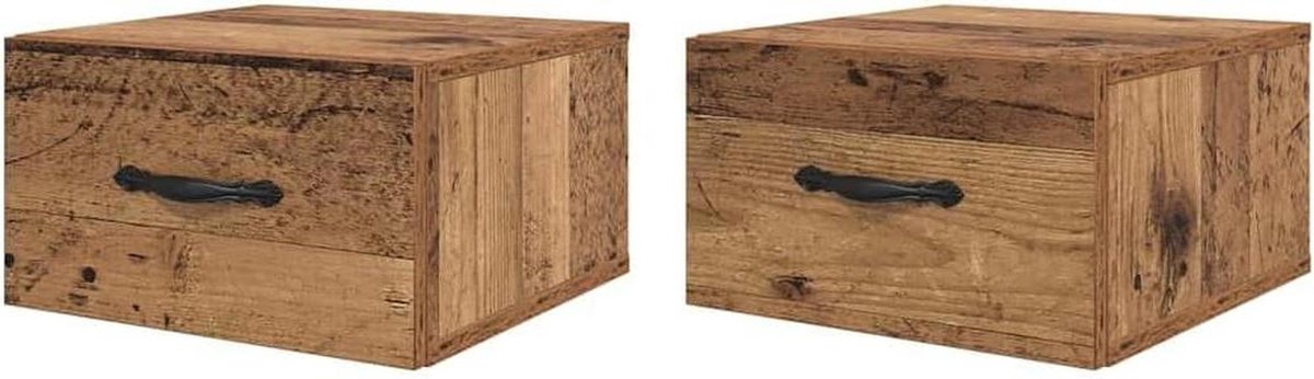 Nachtkastje met lade - Bijzettafel - Opbergen - Wandmontage - 35 x 35 x 20 cm - Antiek hout