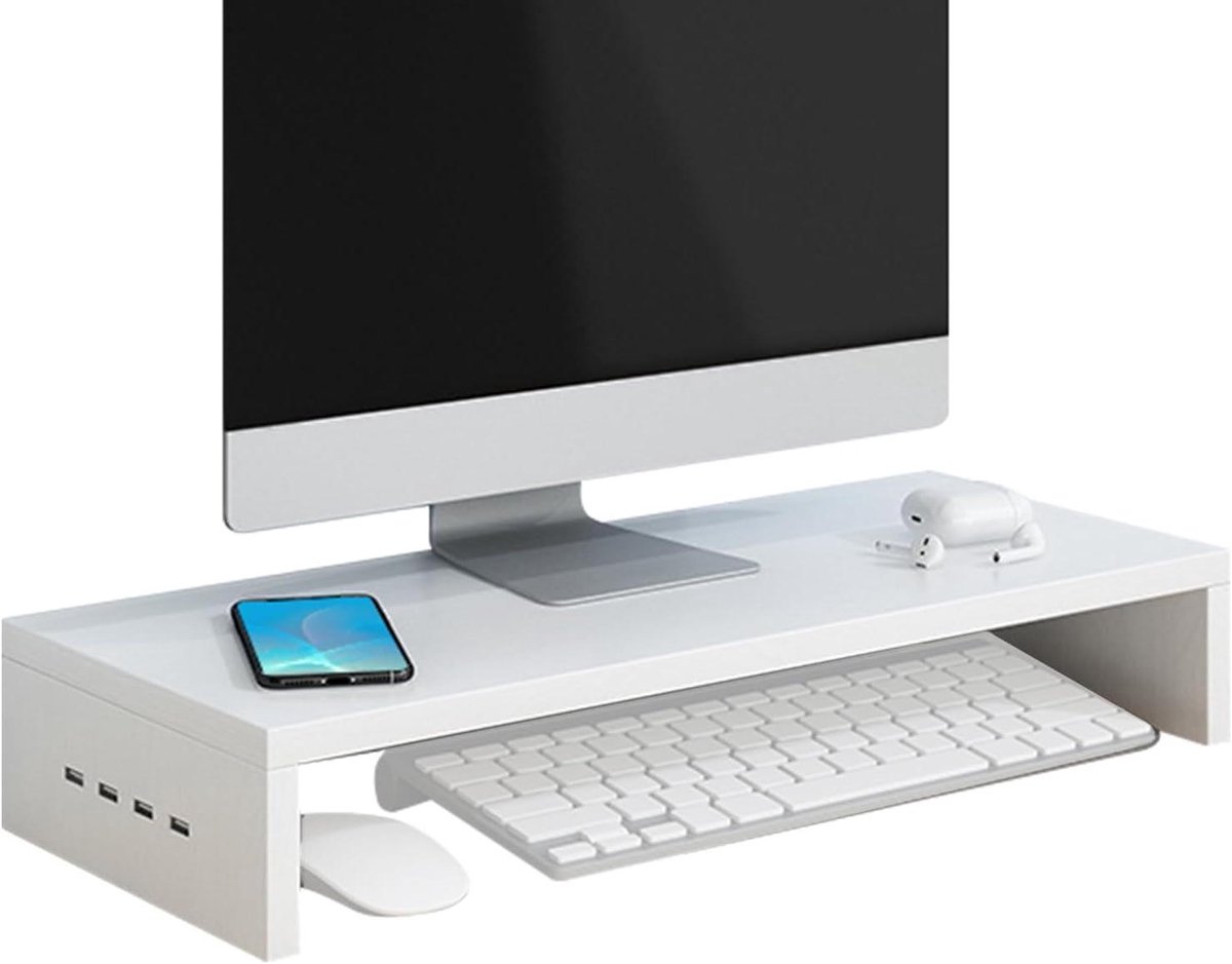 Monitorverhoger - Bureau Riser - Ergonomisch Werken - Met 4 USB-poorten - 50x20x7.7cm - Wit