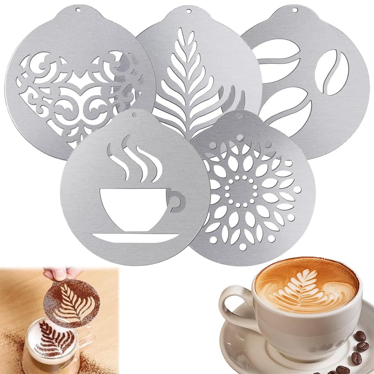 Dailygoods - Set van 5 Roestvrij Stalen Koffiesjablonen voor Decoratie