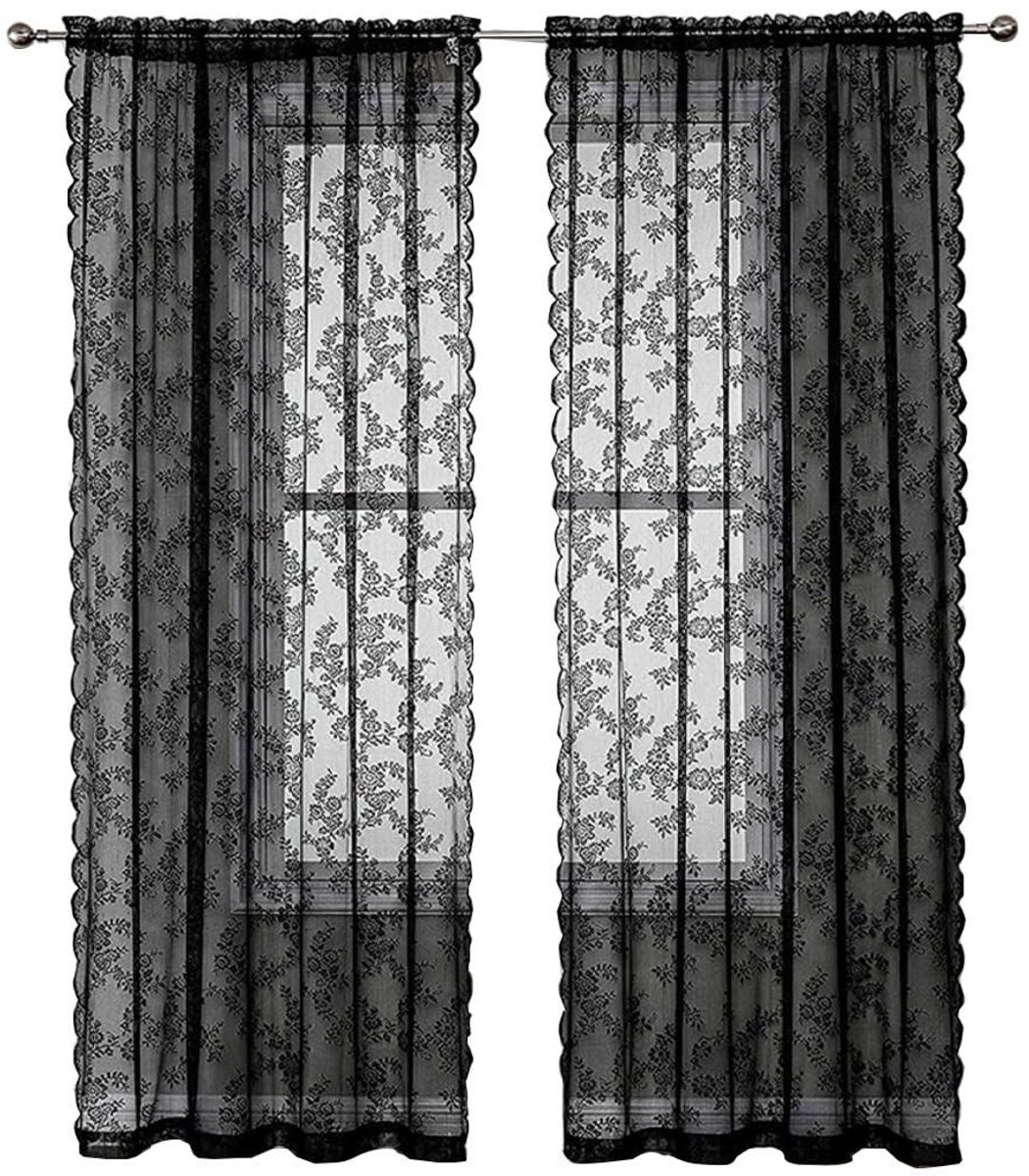 Dailygoods - Dailygoody - Lace Gordijnen Set van 2 - Zwarte Bloem Motief - Transparante Gordijnen - Perfect voor Woonkamer en Slaapkamer - Creëer Sfeer en Privacy