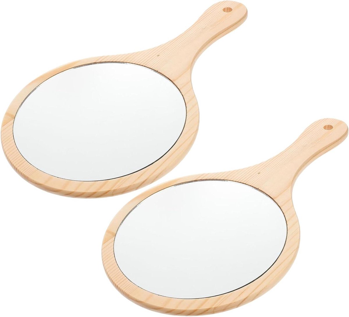 Handspiegel Rond - Make-up Spiegel - Dagelijks Gebruik - Houten Frame - 29.5 x 16.5 cm - Beige