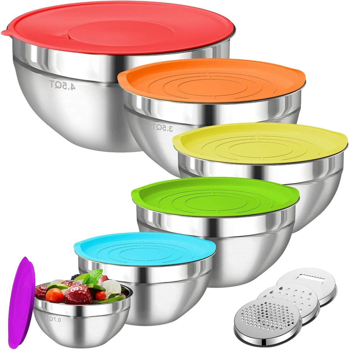 Mengkommen met deksel - Keuken sets - Voedsel bereiden - Roestvrij staal - 6 stuks - Meerkleurig