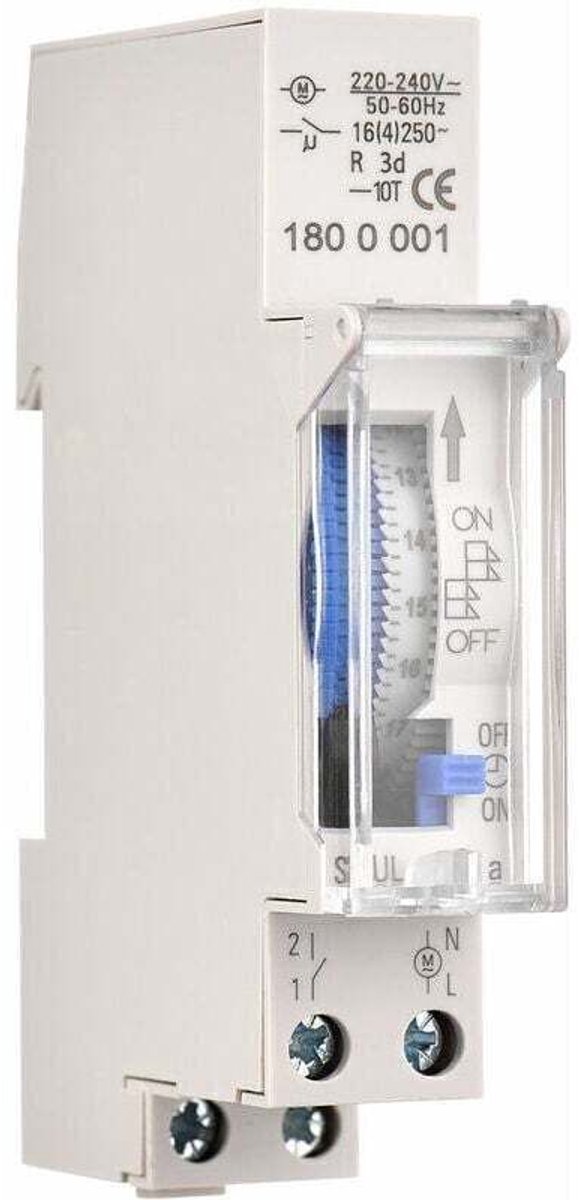 Mechanische 24-uurs timer, minimale timerduur van 15 minuten, DIN-railmontage, ingebouwde batterij, AC220–240V, grijs.
