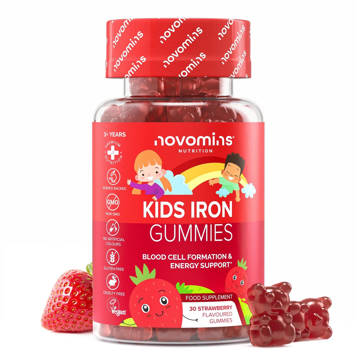 Kinder IJzer, met Vitamine C, 30 Gummies, Vegan, Halal, Getest door Eurofins, Novomins