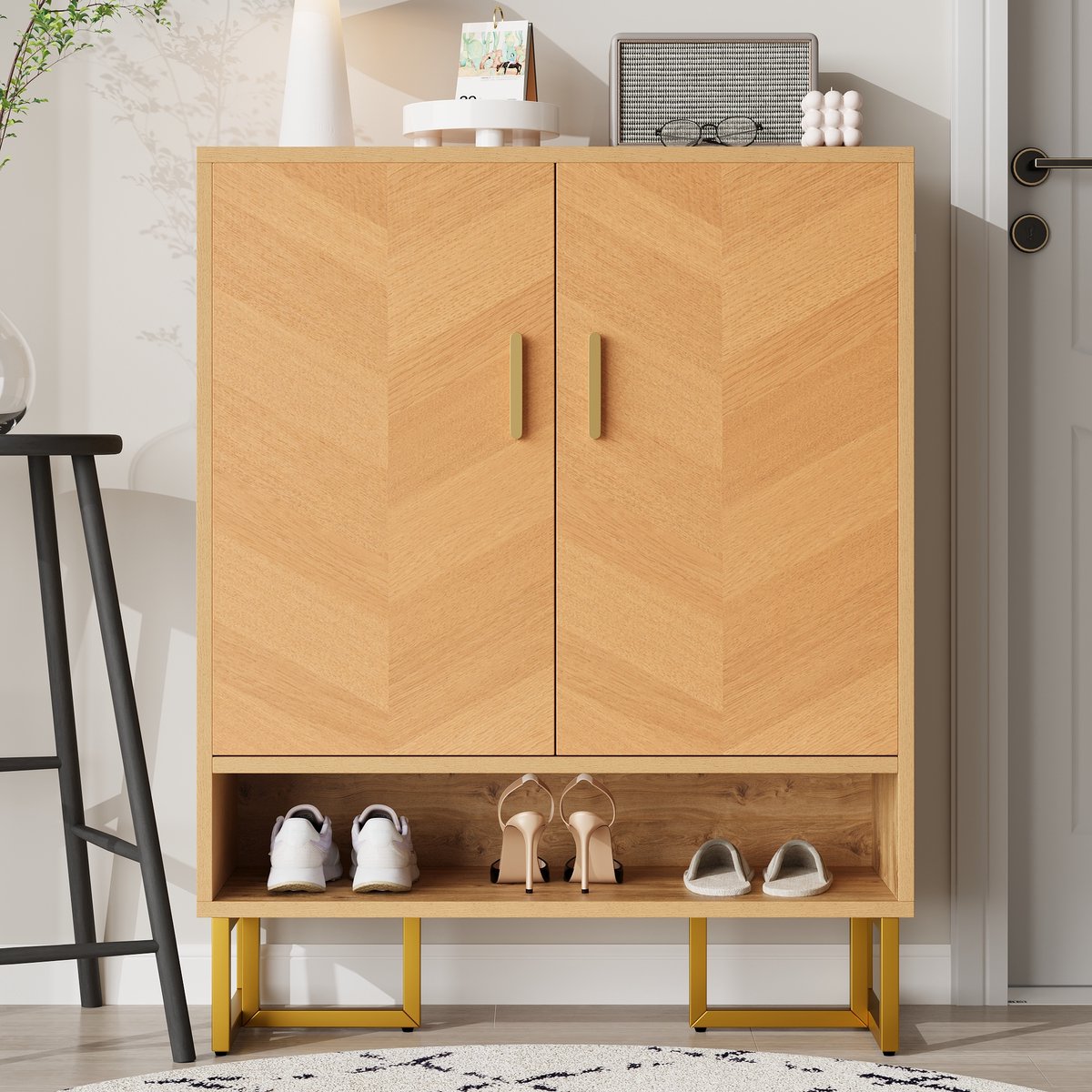 VVBV Schoenenkast - Smal Model, Ruimtebesparend, Voor Hal/Entree - Hout/Metaal Goud - Voor Hal en Entree