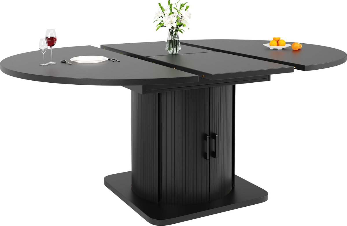 MODFU Uitschuifbare eettafel 118-158 cm met opbergruimte – Ruimtebesparend design voor keuken en eetkamer – MDF – Zwart 118-158x118x76 cm