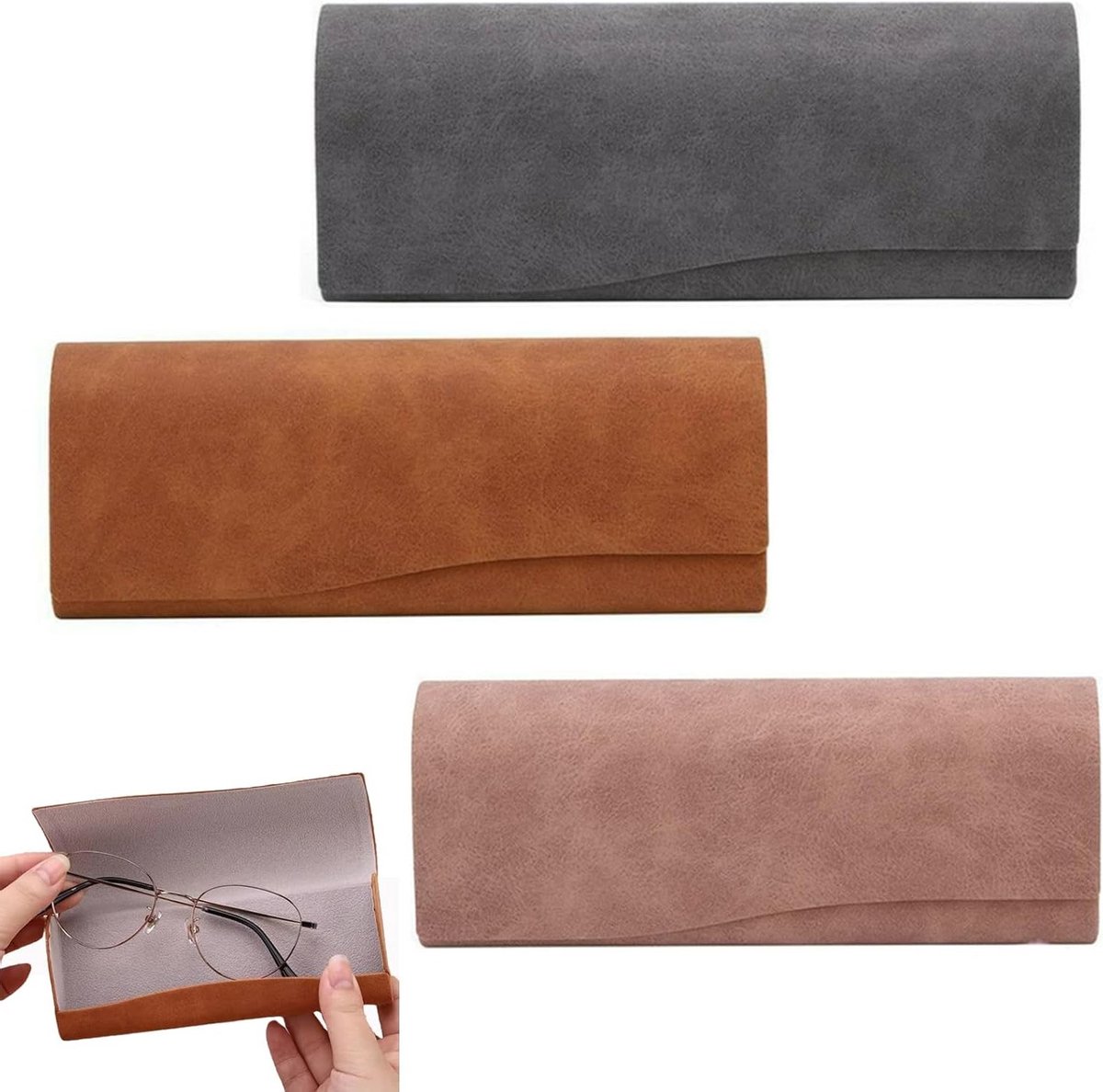 Set van 3 Leren Brilhoezen met Magnetische Sluiting - Bescherming voor Myopie Brillen in Roze, Bruin en Grijs, Ideaal voor Reis en Opberging, 16 x 6.3 x 3.2 cm