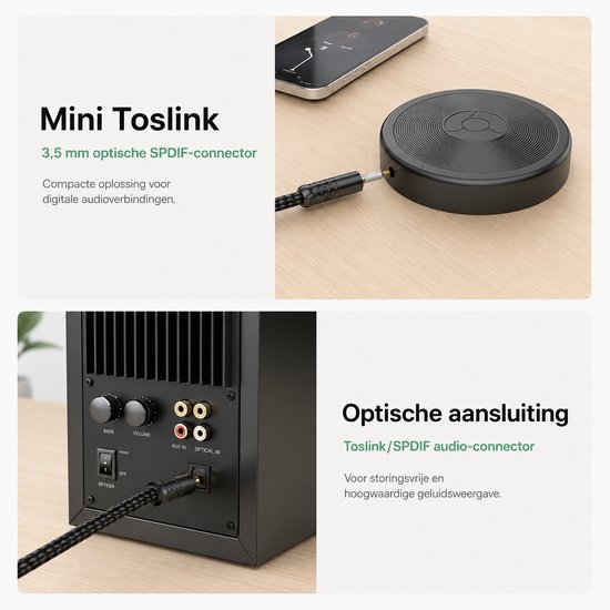 Collage: telefoon met ronde adapter, en achterkant van een zwarte luidspreker. "Mini Toslink-connector"