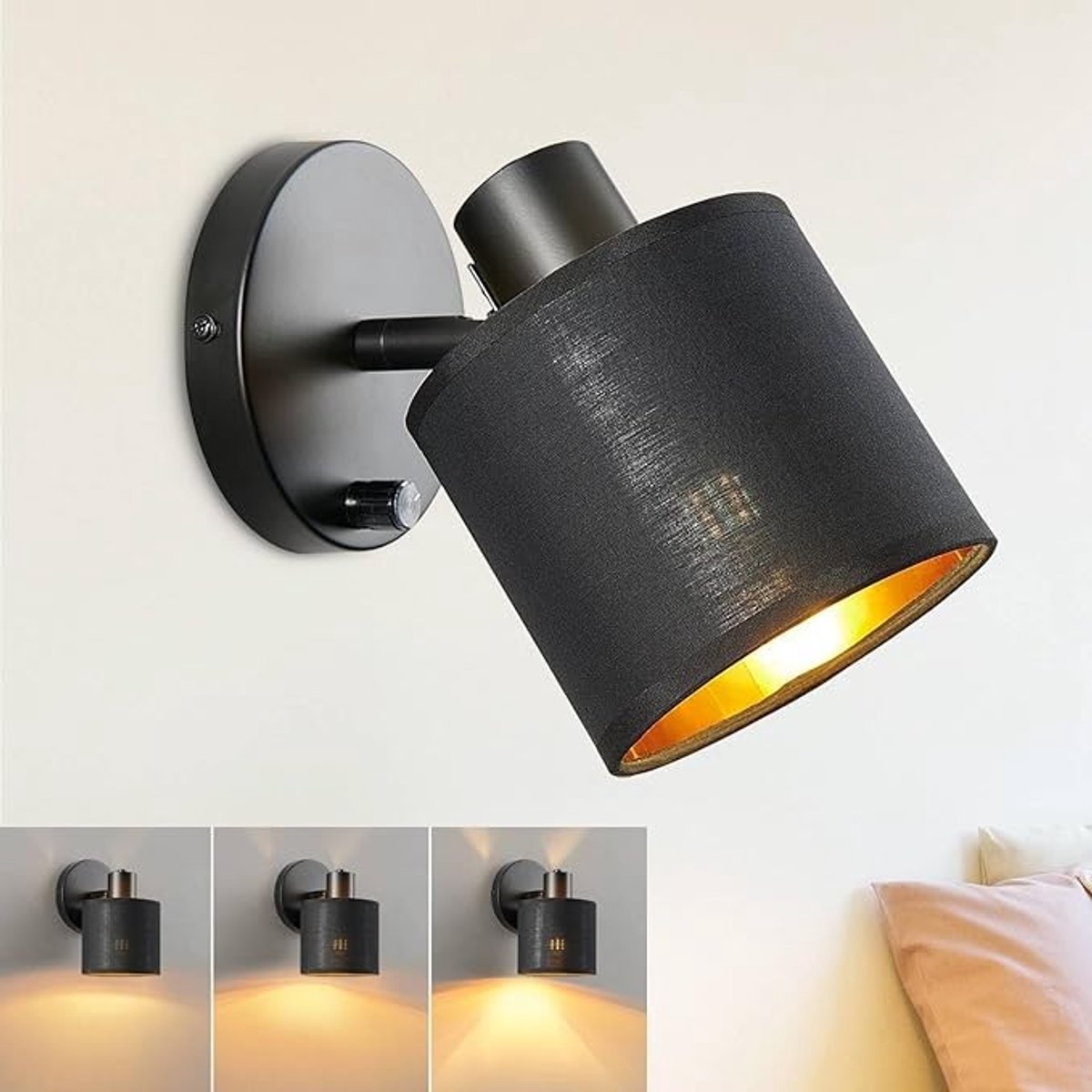 Vintage wandlamp met dimschakelaar - zwart stoffen kap - industrieel design