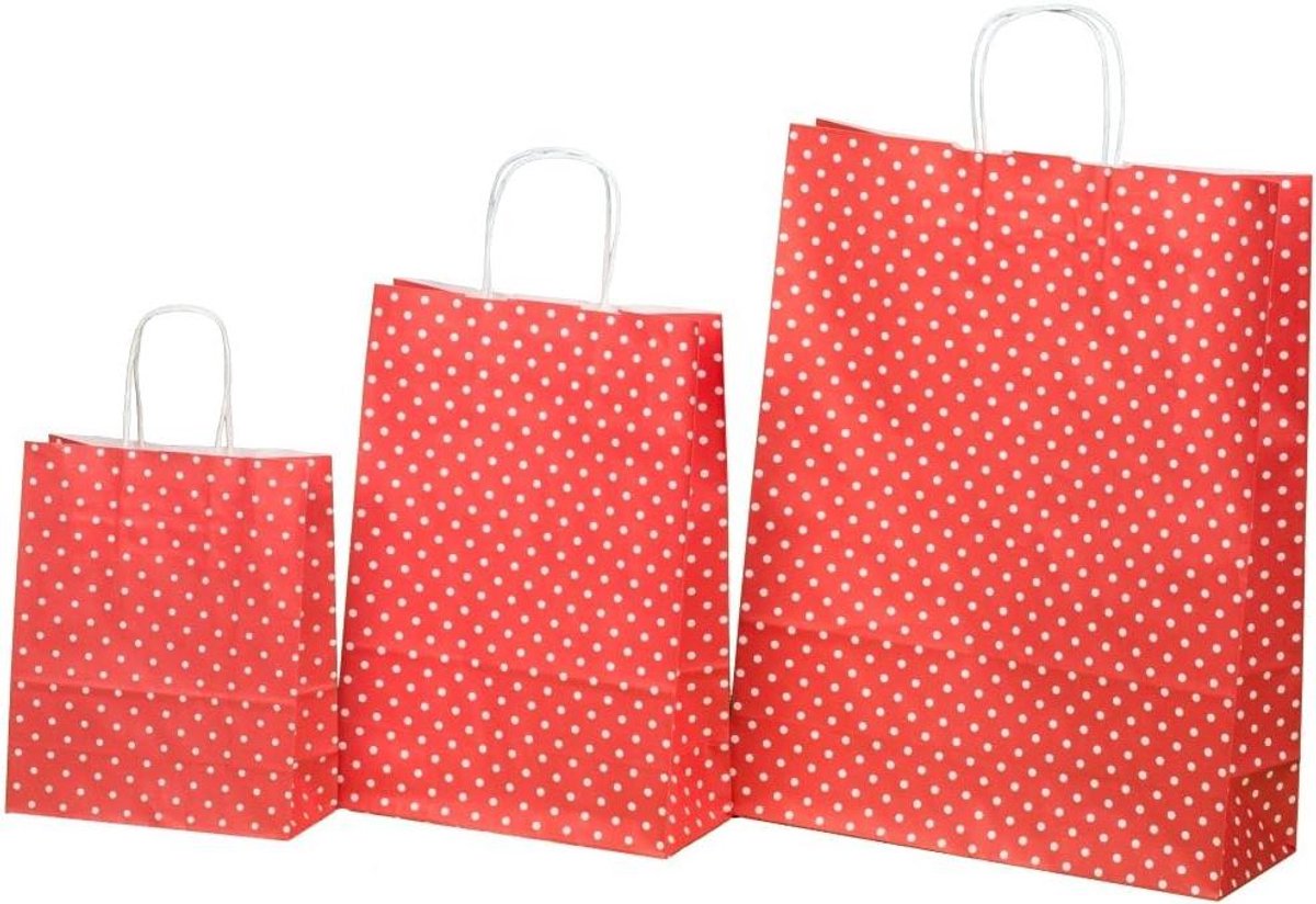 Papieren Draagtassen - Boodschappentasjes Cadeautassen - Winkelverpakking Cadeau Presentatie - Met Papieren Koord - 250 Stuks - Rood met Stippen
