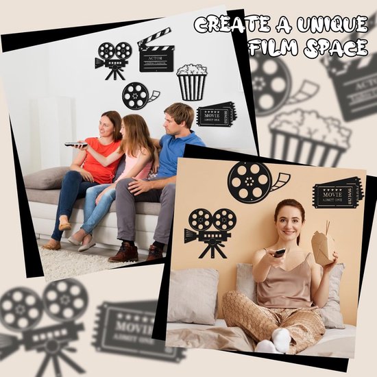 Metalen Muurdecoratie - Home Cinema - Film Sfeer Creëren - Set van 5 - Diverse Maten - Zwart — afbeelding 3